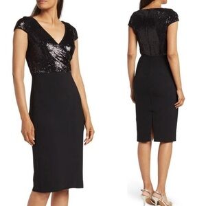 NWT $154 Dress The Population Black Jaleah Sequin Surplice Cap Sleeve Dress S